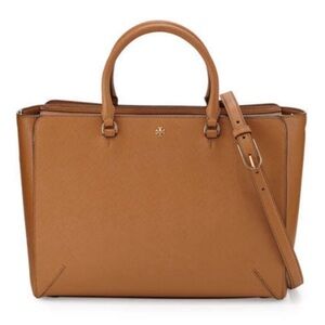 Tory Burch Large Saffiano Leather Brown Tan Robinson Tote Bag